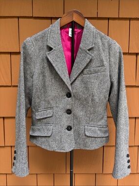 OLD NAVY VTG Y2K Gray Fitted Herringbone Tweed Wool Blend Blazer Jacket | Size M